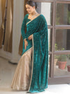 Banarasee Mirror Embroidered Velvet & Tissue Saree-Teal Green