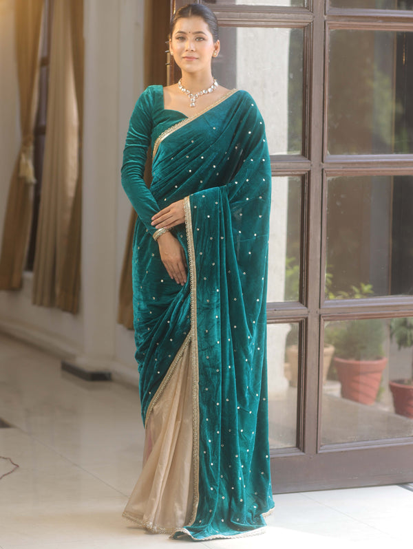 Banarasee Mirror Embroidered Velvet & Tissue Saree-Teal Green