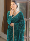 Banarasee Mirror Embroidered Velvet & Tissue Saree-Teal Green