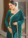 Banarasee Mirror Embroidered Velvet & Tissue Saree-Teal Green