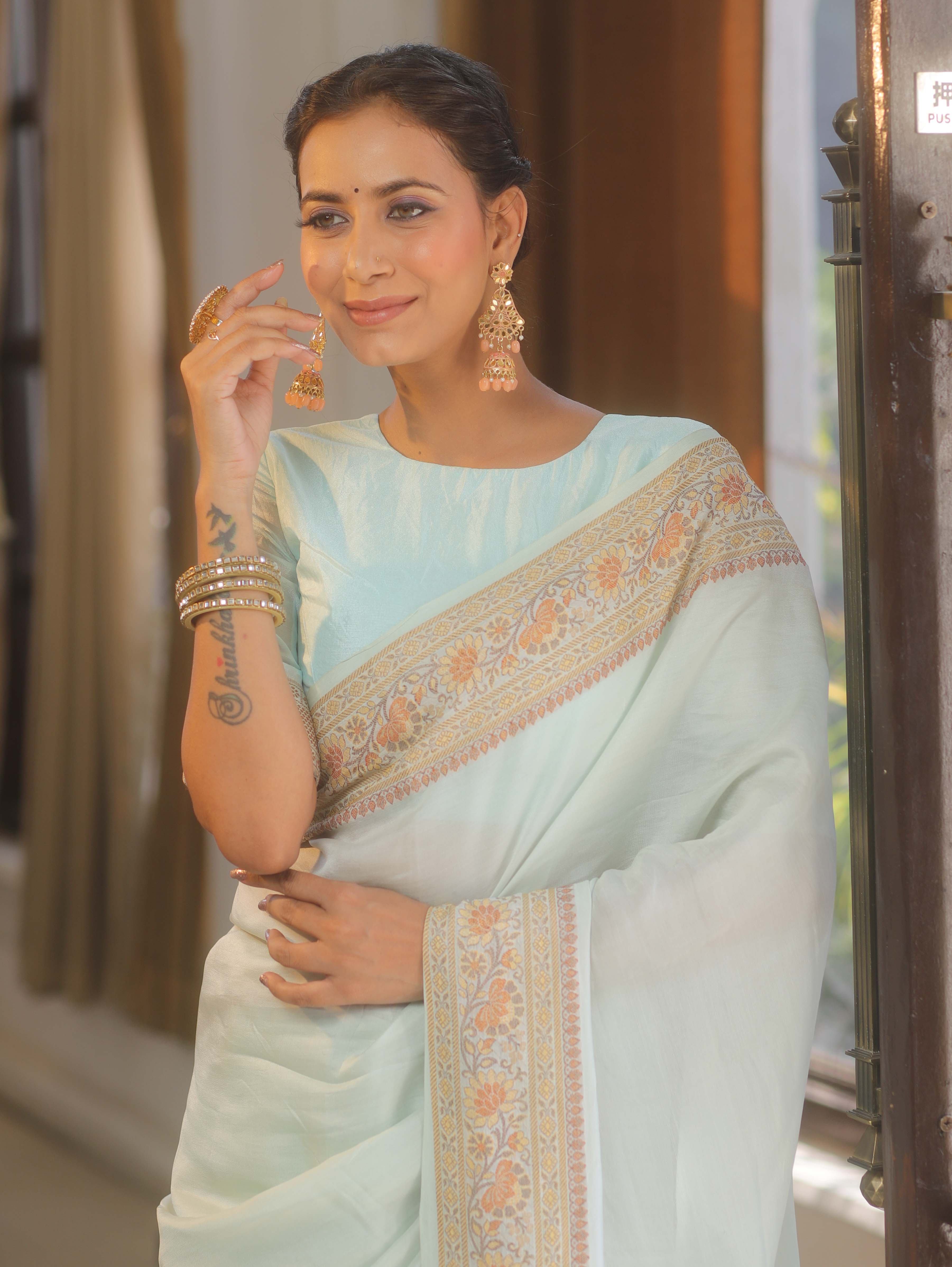 Banarasee Handloom Pure Butter Silk Saree With Resham Zari Border-Pastel Blue