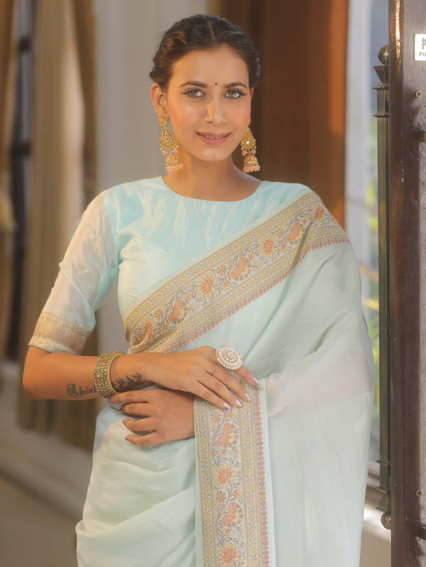 Banarasee Handloom Pure Butter Silk Saree With Resham Zari Border-Pastel Blue