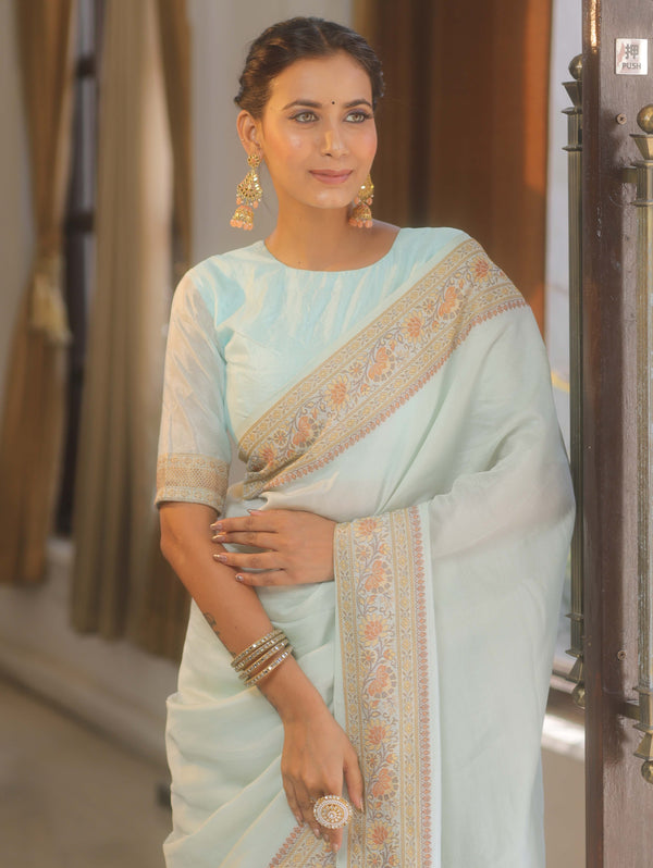 Banarasee Handloom Pure Butter Silk Saree With Resham Zari Border-Pastel Blue