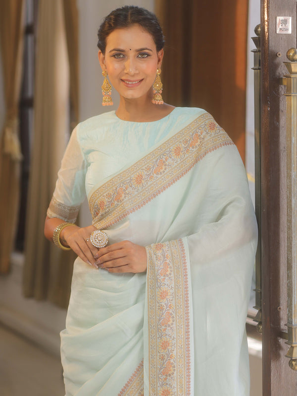 Banarasee Handloom Pure Butter Silk Saree With Resham Zari Border-Pastel Blue