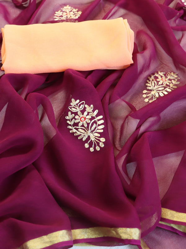 Banarasee Chiffon Saree Embroidery Buta Design With Contrast Blouse-Violet