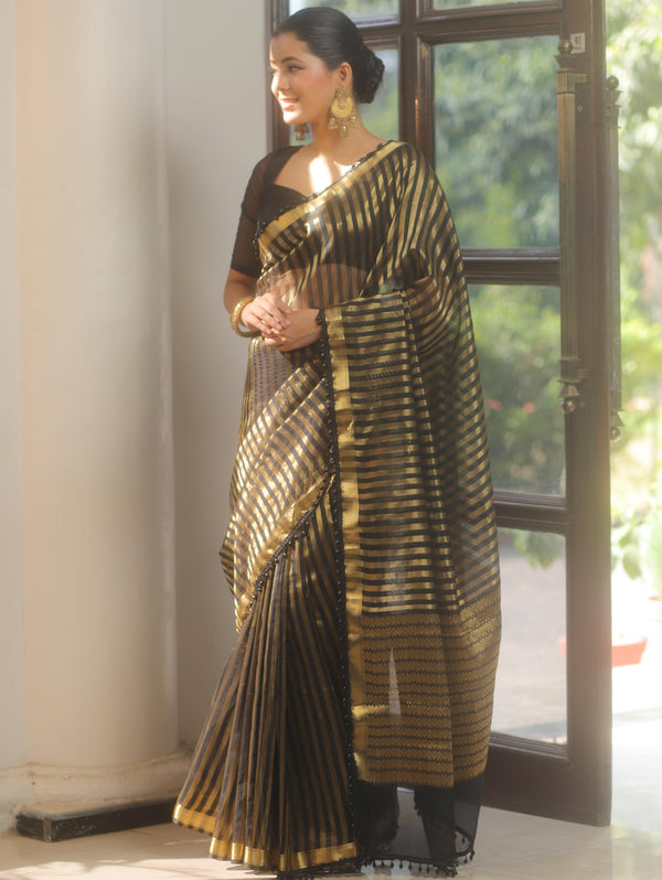 Banarasee Handwoven Striped Tissue Saree With Lace-Black