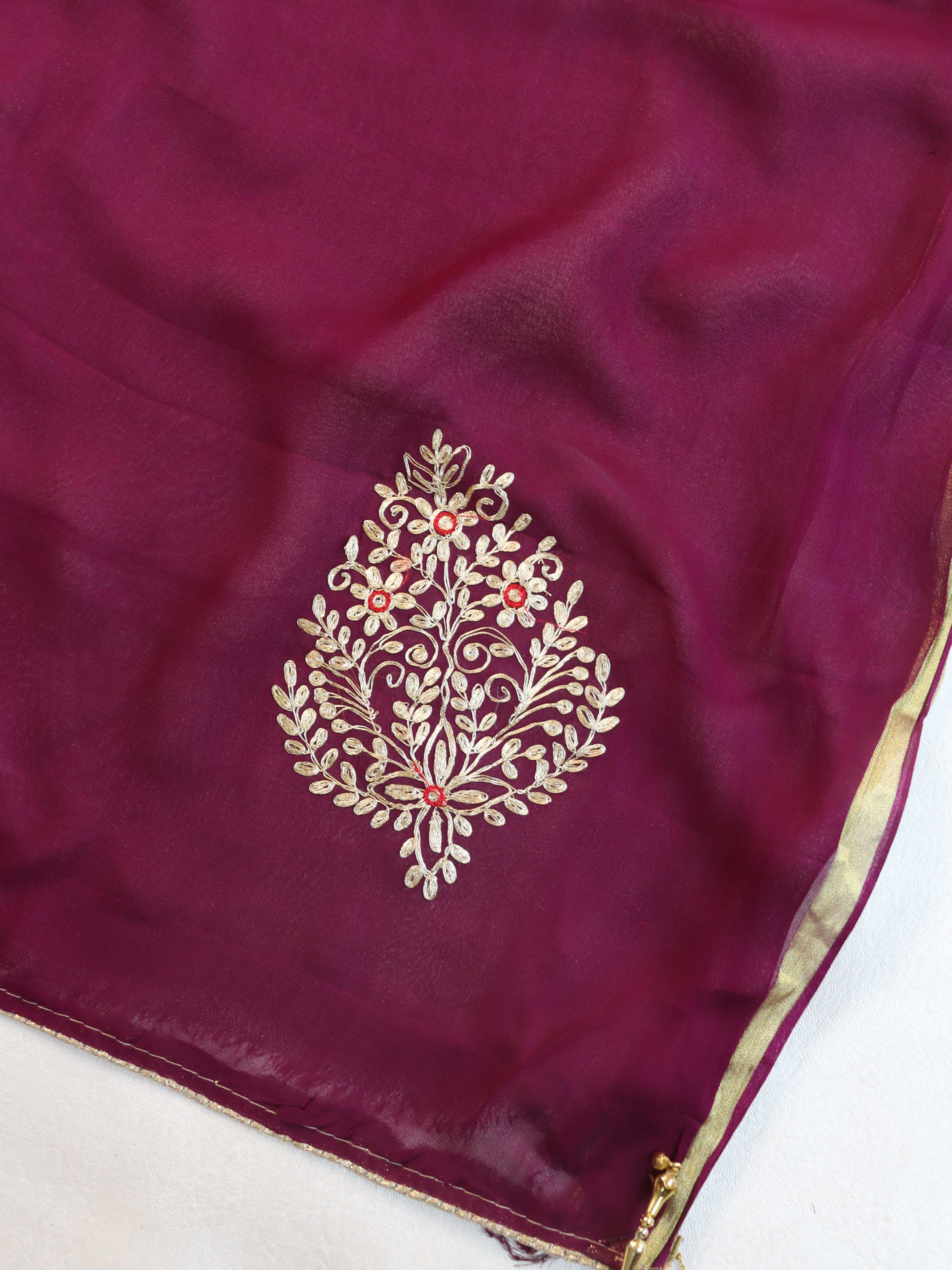 Banarasee Chiffon Saree Embroidery Buta Design With Contrast Blouse-Violet