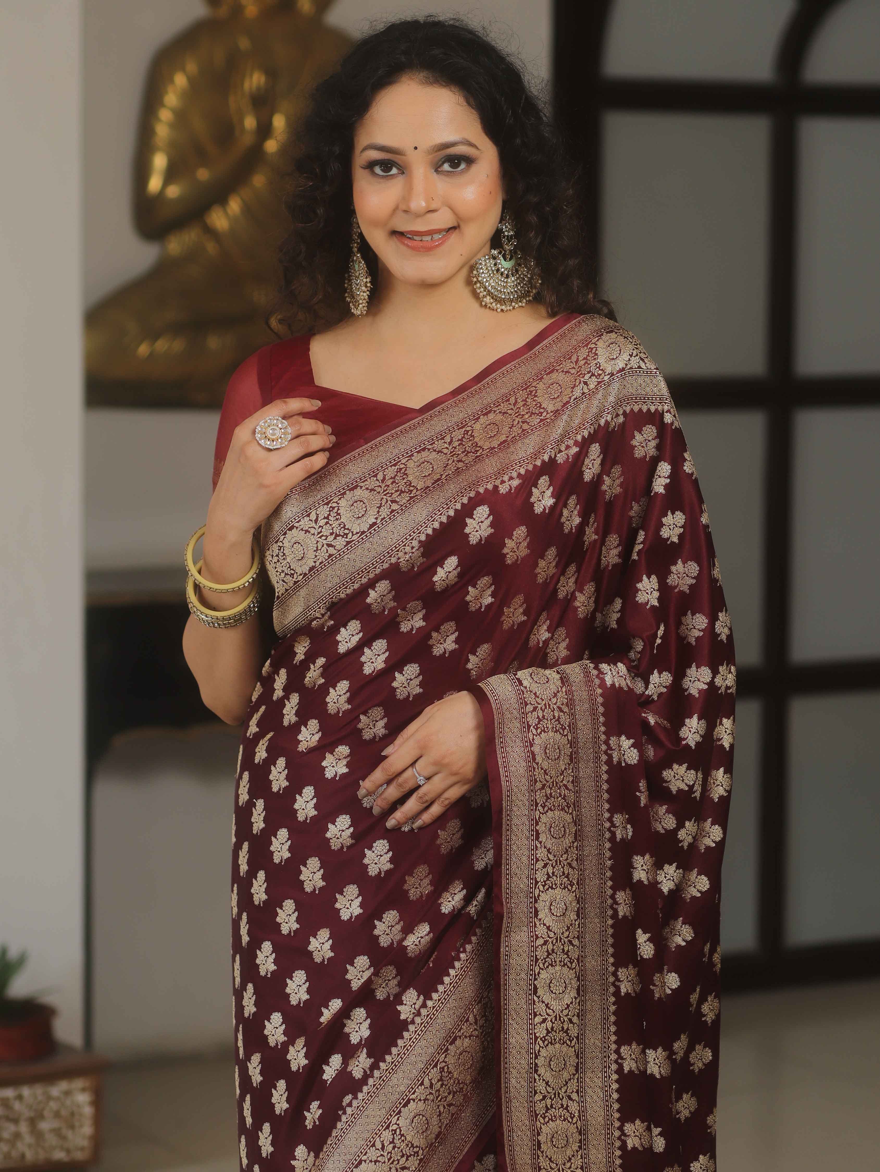 Banarasee Handwoven Semi Katan Saree With Zari Buta Design & Border-Maroon