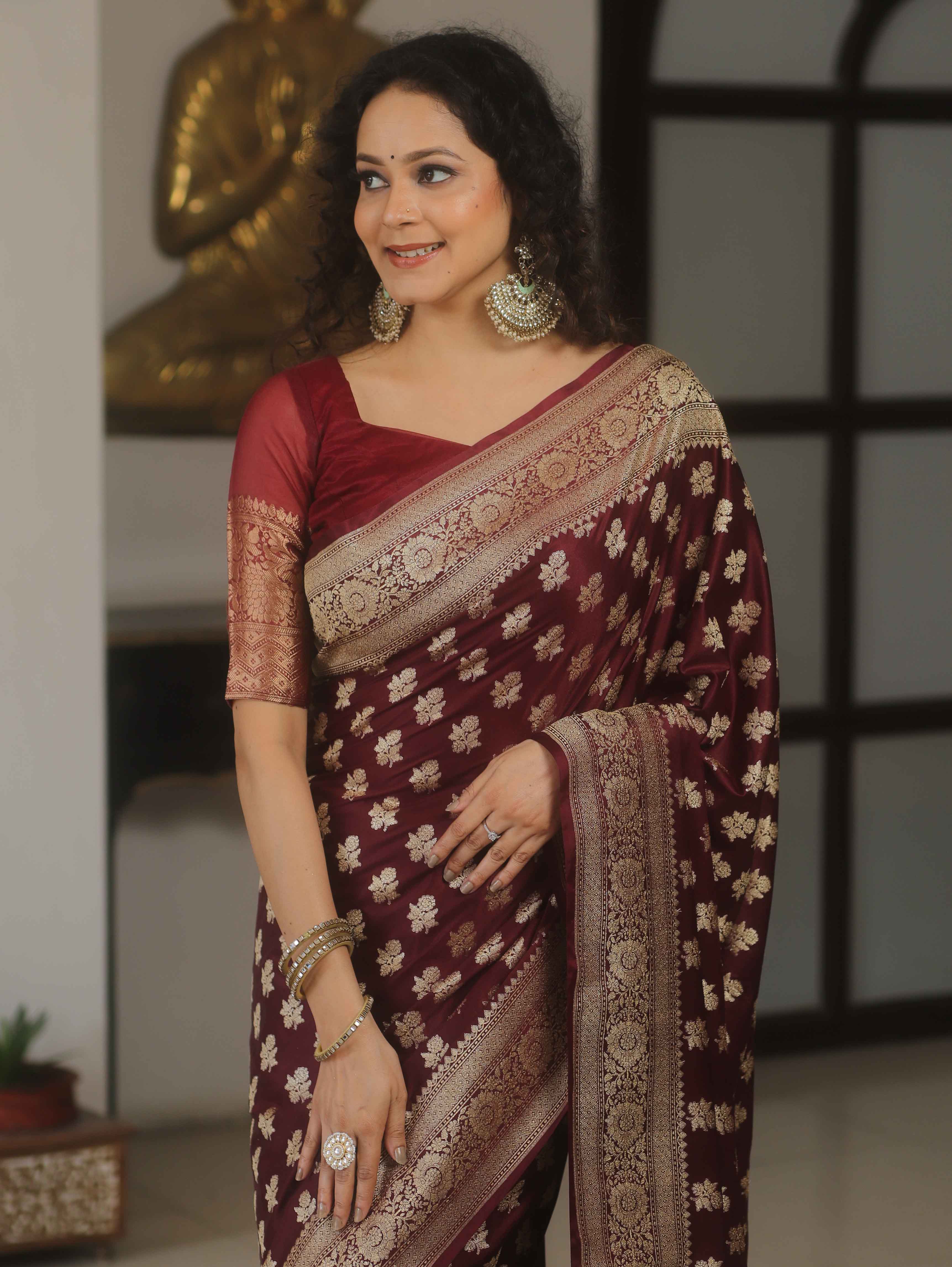 Banarasee Handwoven Semi Katan Saree With Zari Buta Design & Border-Maroon