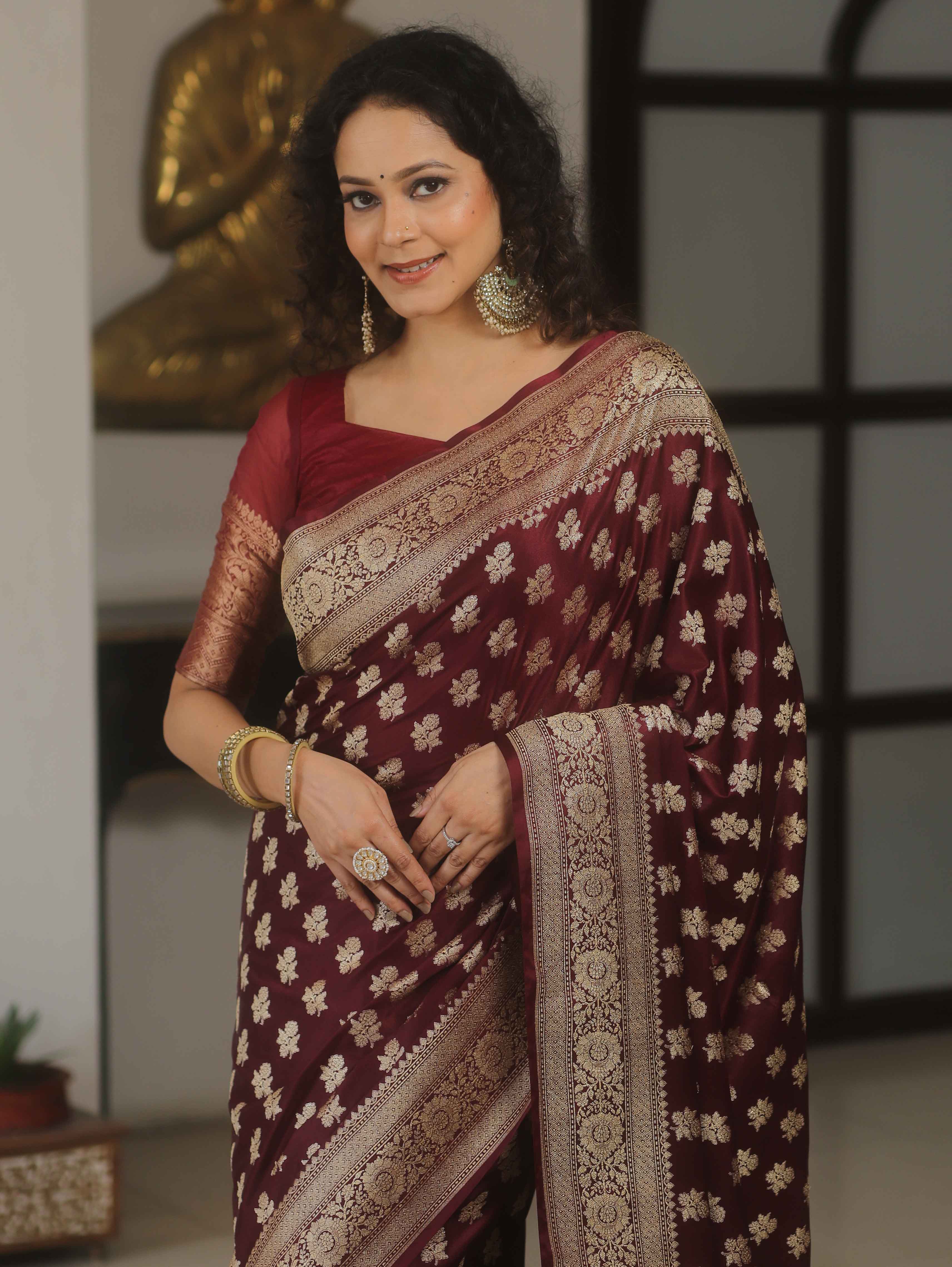 Banarasee Handwoven Semi Katan Saree With Zari Buta Design & Border-Maroon