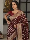 Banarasee Handwoven Semi Katan Saree With Zari Buta Design & Border-Maroon