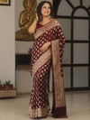 Banarasee Handwoven Semi Katan Saree With Zari Buta Design & Border-Maroon