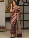 Banarasee Handwoven Semi Katan Saree With Zari Buta Design & Border-Maroon