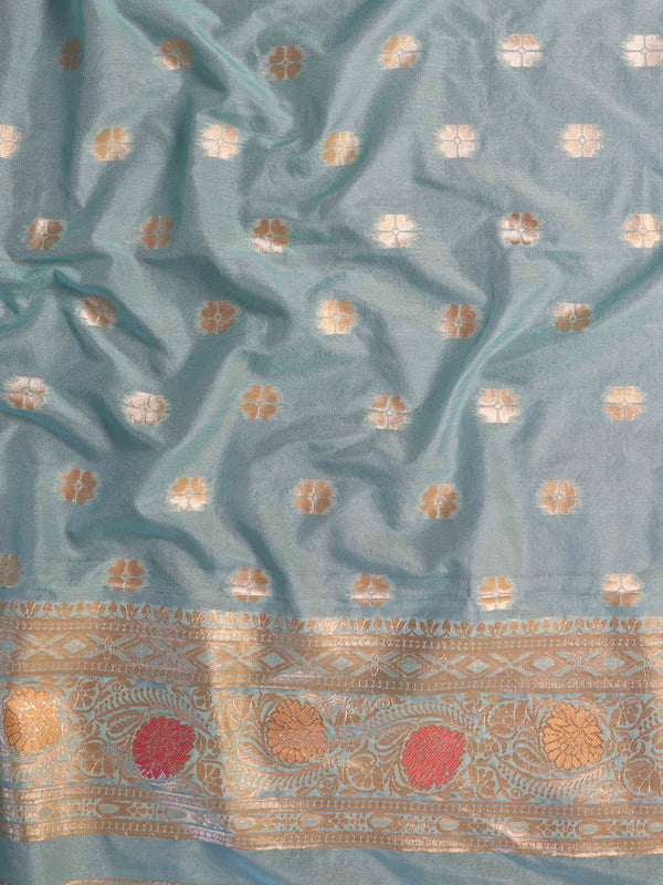 Banarasee Handwoven Semi Silk Saree With Zari Jaal Design-Teal Blue