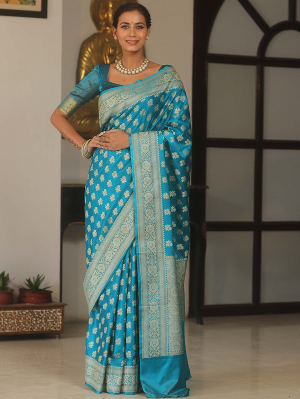 Banarasee Handwoven Semi Katan Saree With Zari Buta Design & Border-Teal Blue