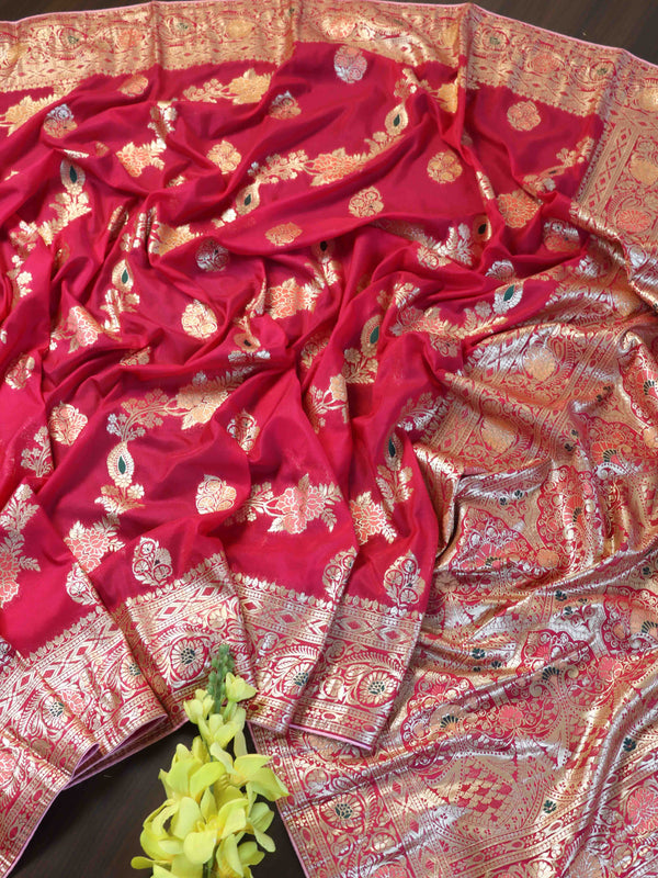 Banarasee Handwoven Semi Silk Saree With Zari Jaal Design-Pink