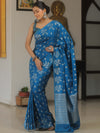 Banarasee Handwoven Semi Katan Saree With Zari Buta Design-Cobalt Blue