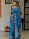 Banarasee Handwoven Semi Katan Saree With Zari Buta Design-Cobalt Blue