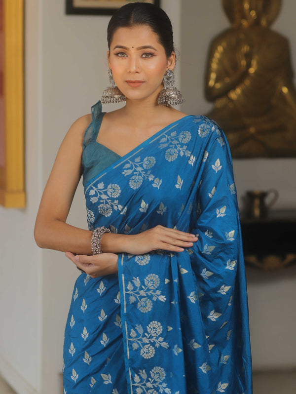 Banarasee Handwoven Semi Katan Saree With Zari Buta Design-Cobalt Blue