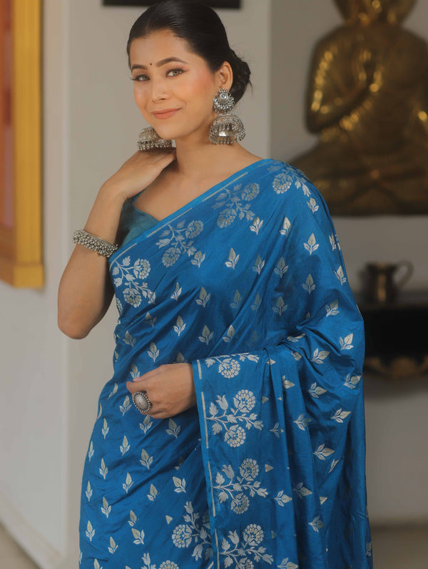 Banarasee Handwoven Semi Katan Saree With Zari Buta Design-Cobalt Blue