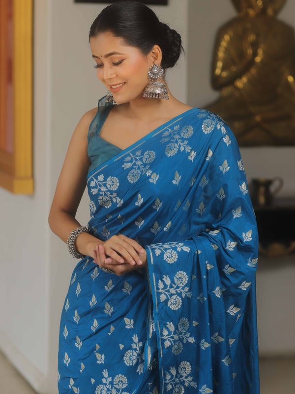 Banarasee Handwoven Semi Katan Saree With Zari Buta Design-Cobalt Blue