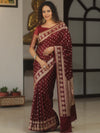 Banarasee Handwoven Semi Katan Saree With Zari Buta Design & Border-Maroon