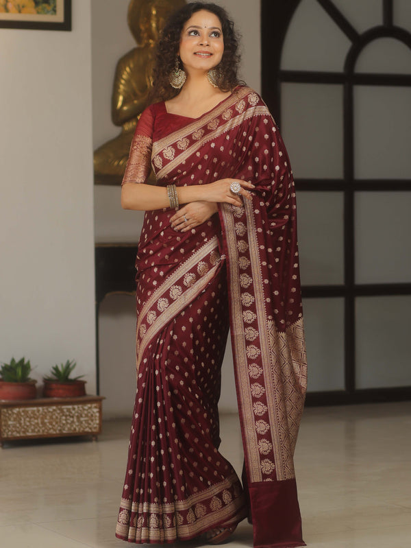 Banarasee Handwoven Semi Katan Saree With Zari Buta Design & Border-Maroon