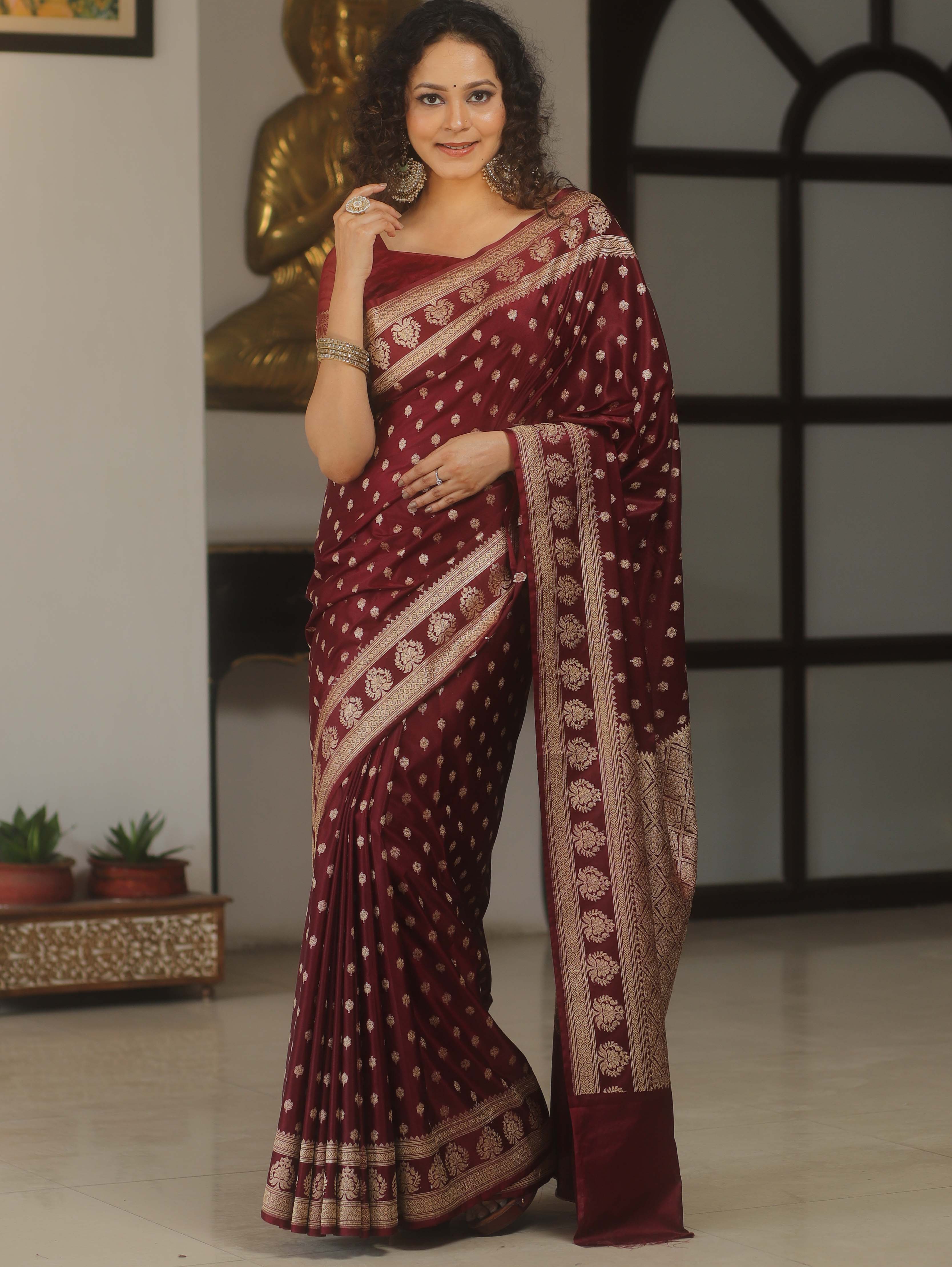 Banarasee Handwoven Semi Katan Saree With Zari Buta Design & Border-Maroon