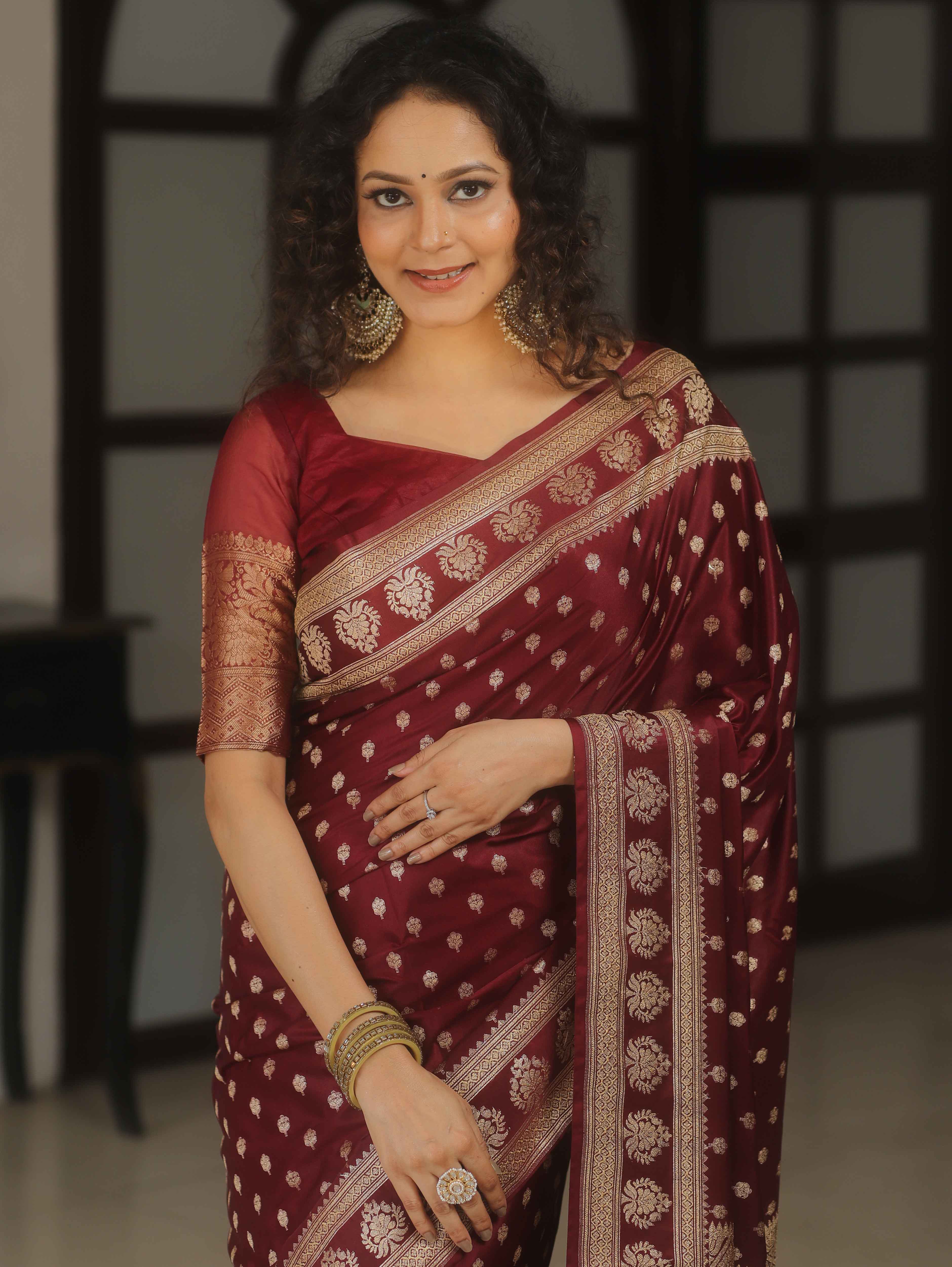 Banarasee Handwoven Semi Katan Saree With Zari Buta Design & Border-Maroon