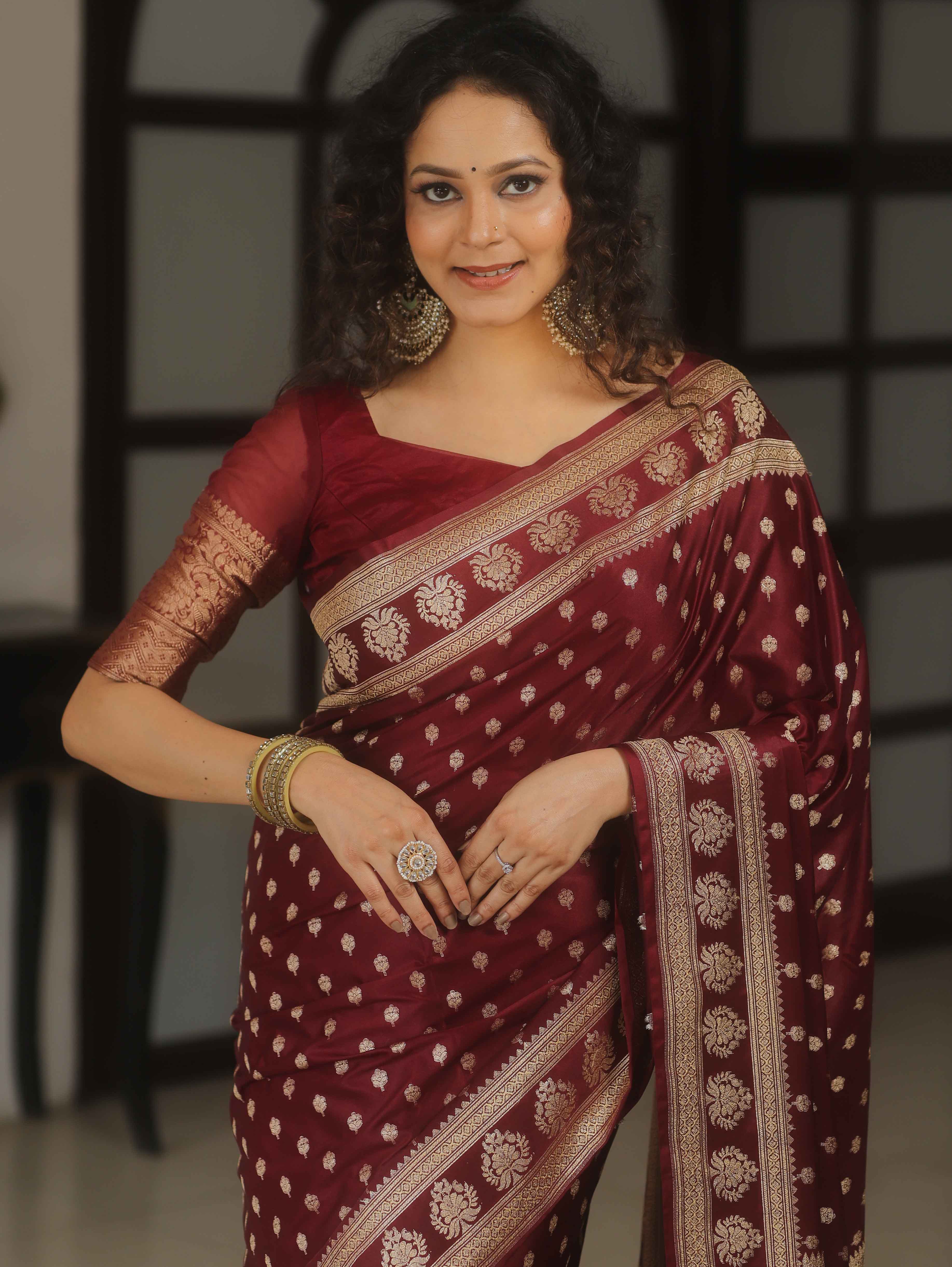 Banarasee Handwoven Semi Katan Saree With Zari Buta Design & Border-Maroon