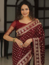 Banarasee Handwoven Semi Katan Saree With Zari Buta Design & Border-Maroon