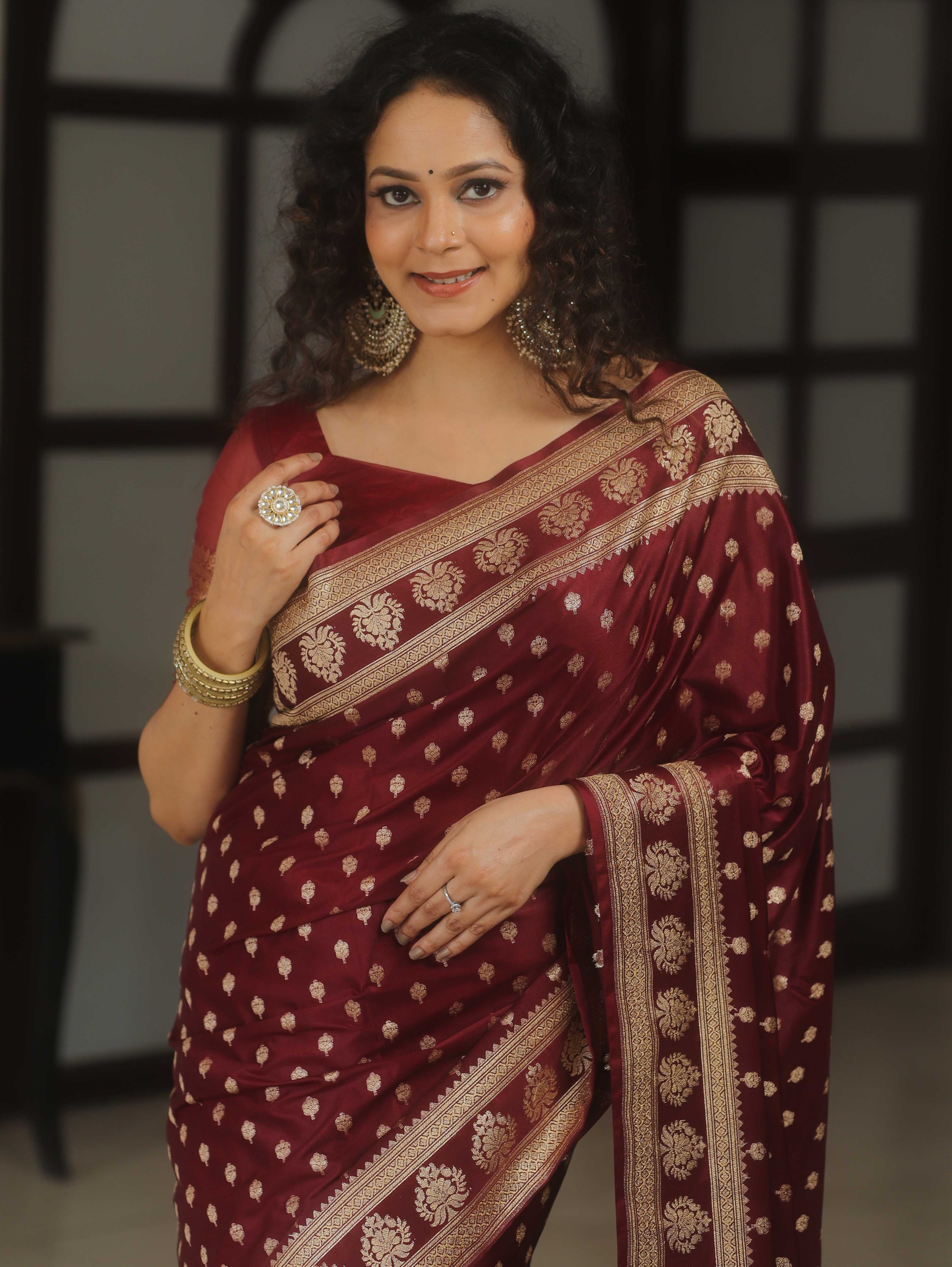 Banarasee Handwoven Semi Katan Saree With Zari Buta Design & Border-Maroon