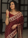 Banarasee Handwoven Semi Katan Saree With Zari Buta Design & Border-Maroon