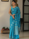 Banarasee Handwoven Semi Katan Saree With Zari Buta Design-Teal Blue