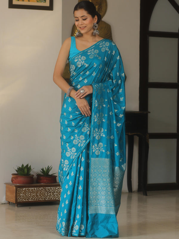 Banarasee Handwoven Semi Katan Saree With Zari Buta Design-Teal Blue