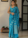 Banarasee Handwoven Semi Katan Saree With Zari Buta Design-Teal Blue