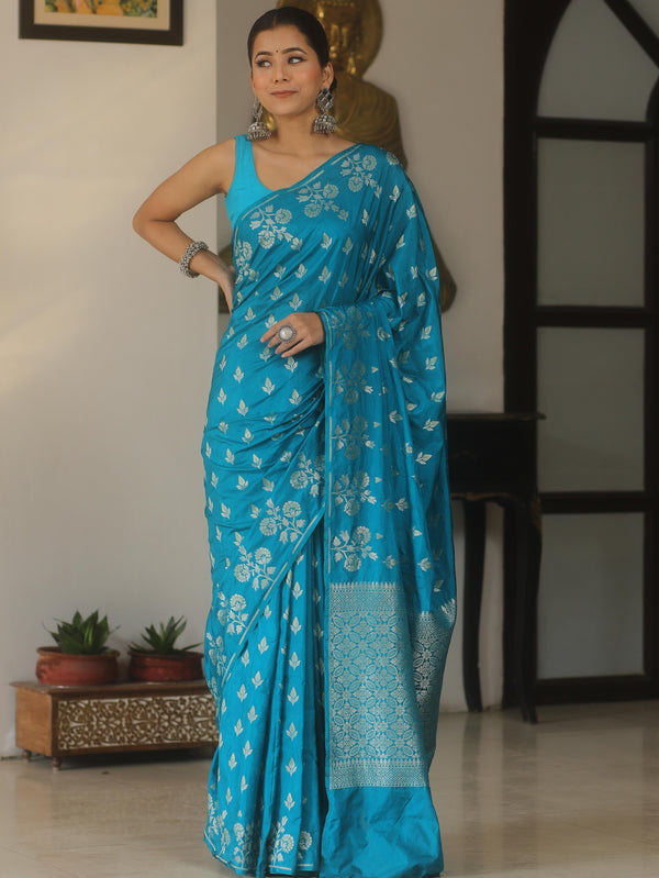 Banarasee Handwoven Semi Katan Saree With Zari Buta Design-Teal Blue