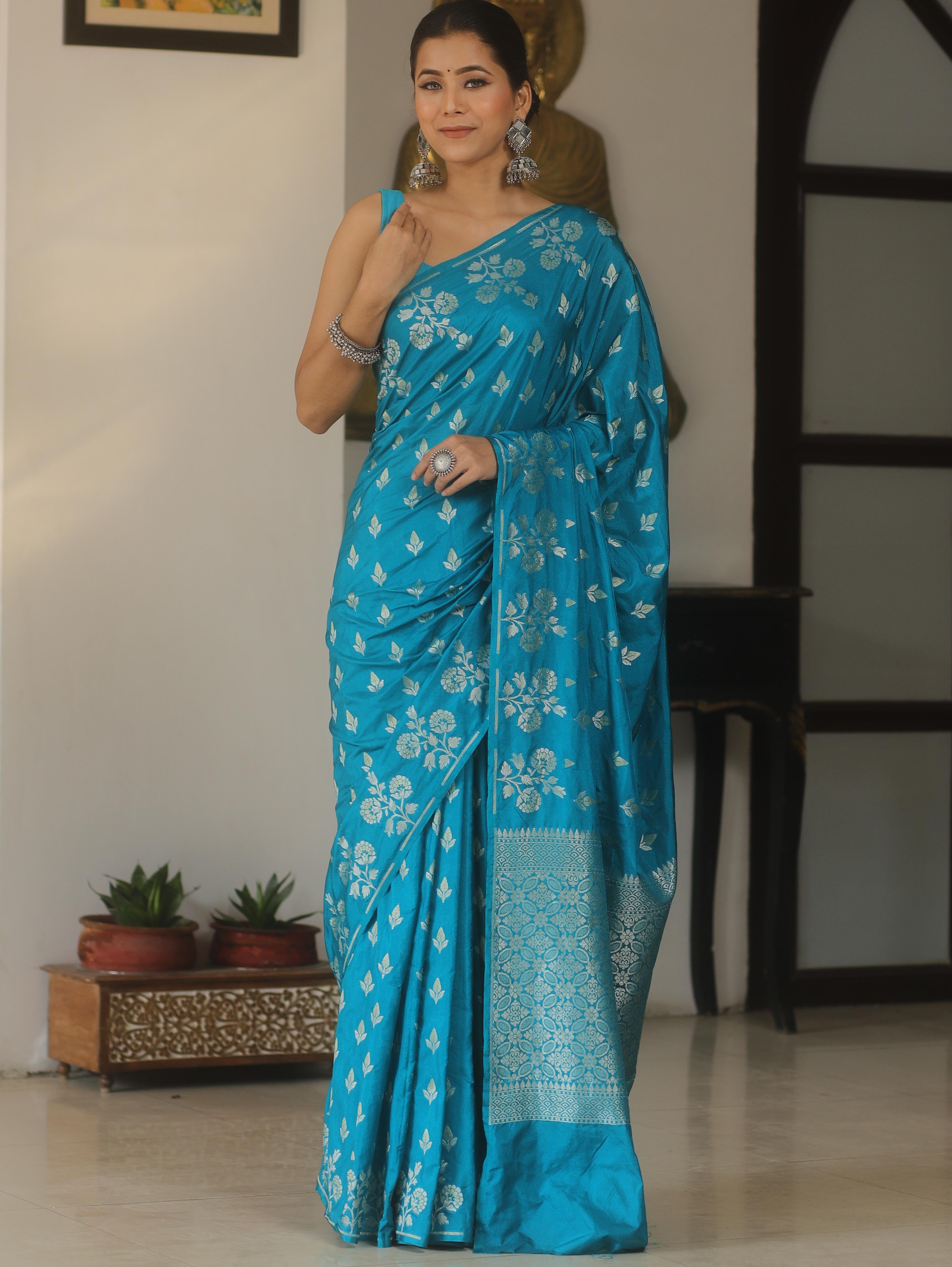 Banarasee Handwoven Semi Katan Saree With Zari Buta Design-Teal Blue