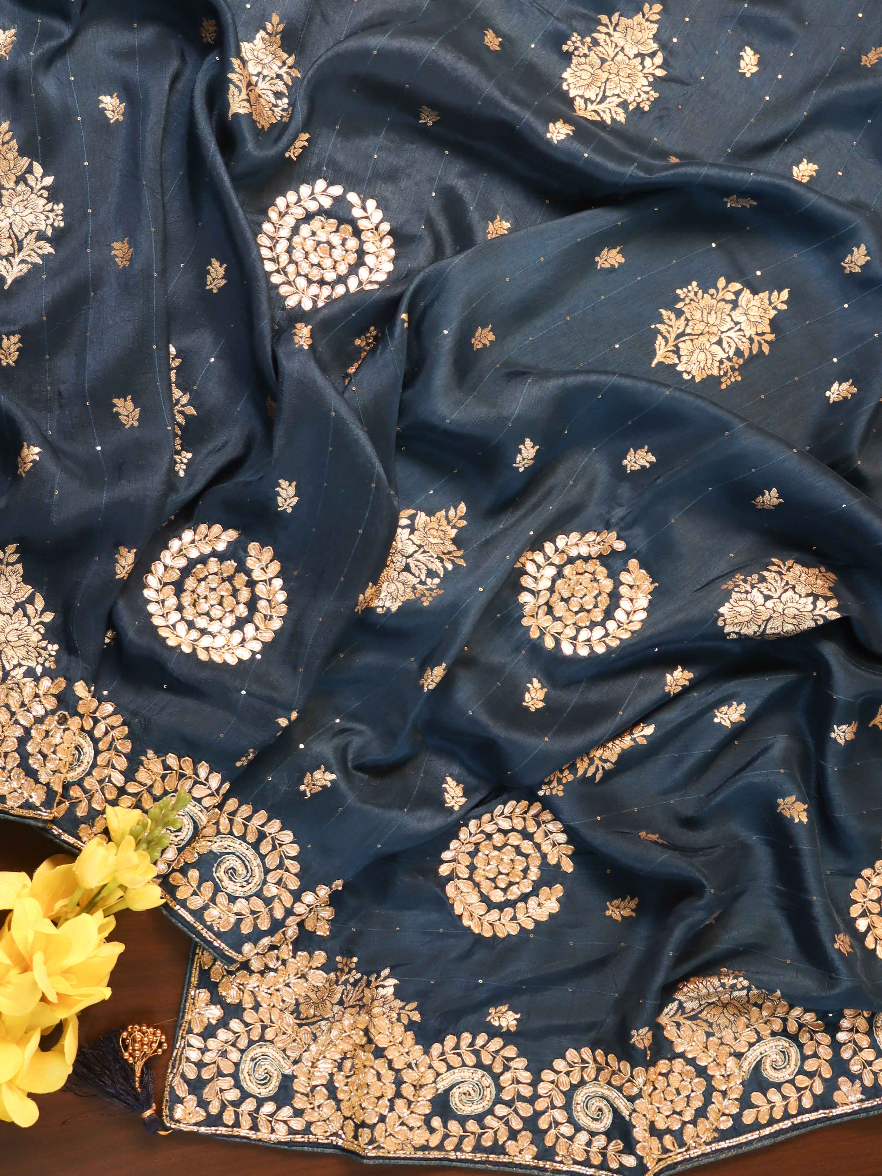 Banarasee Semi Silk Saree With Gotapatti & Sequin Work-Teal Blue