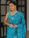 Banarasee Handwoven Semi Katan Saree With Zari Buta Design-Teal Blue