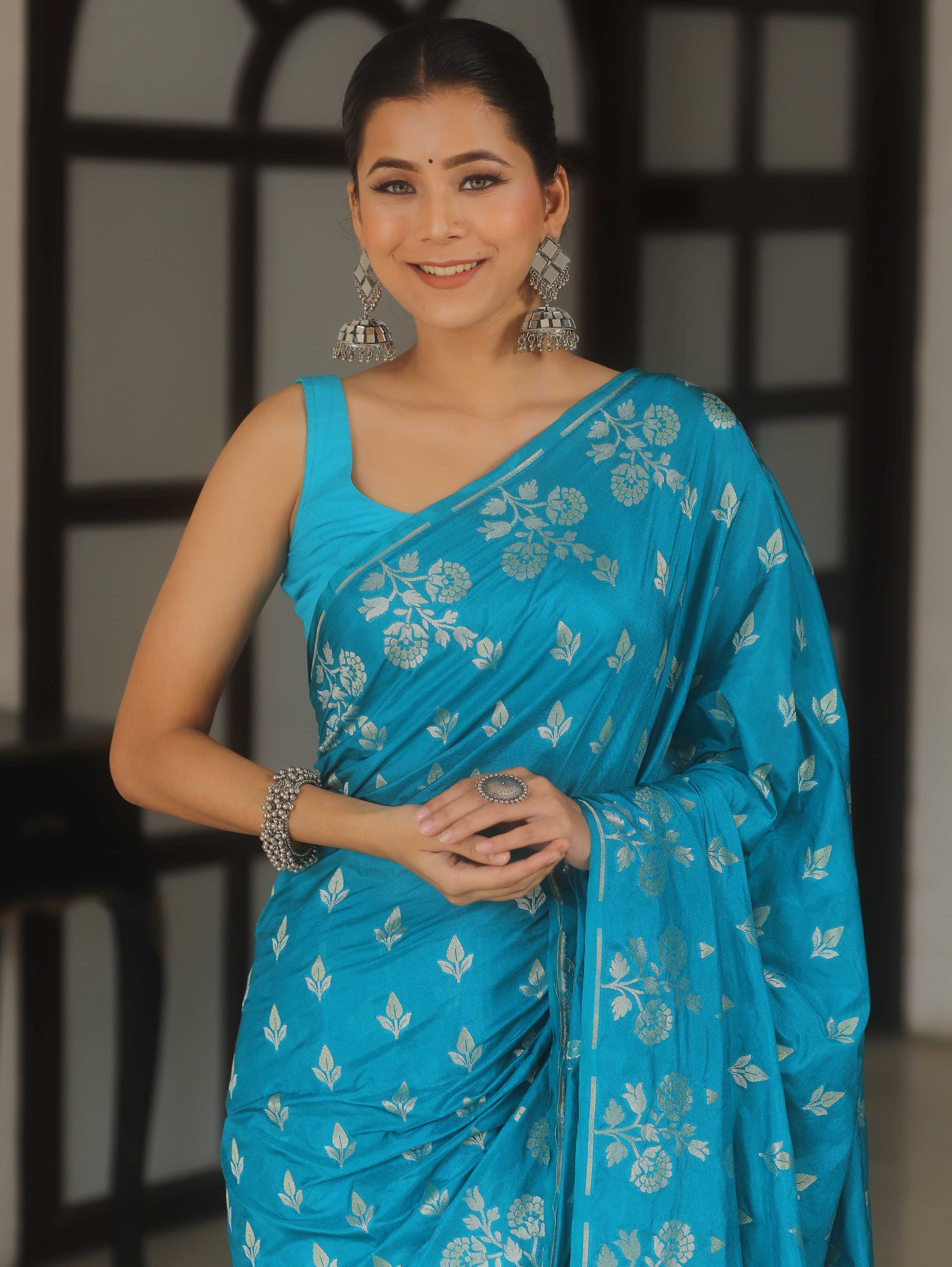 Banarasee Handwoven Semi Katan Saree With Zari Buta Design-Teal Blue