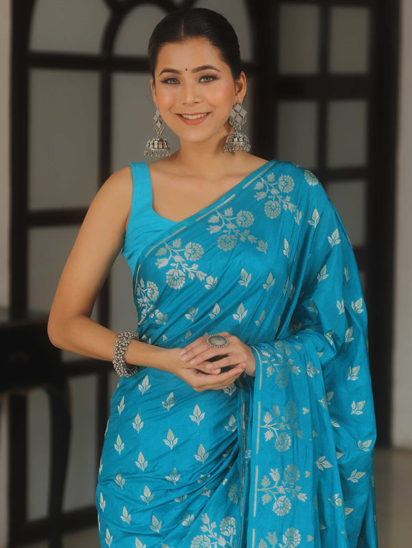 Banarasee Handwoven Semi Katan Saree With Zari Buta Design-Teal Blue