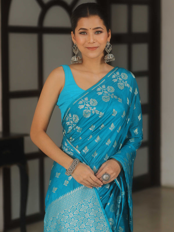 Banarasee Handwoven Semi Katan Saree With Zari Buta Design-Teal Blue