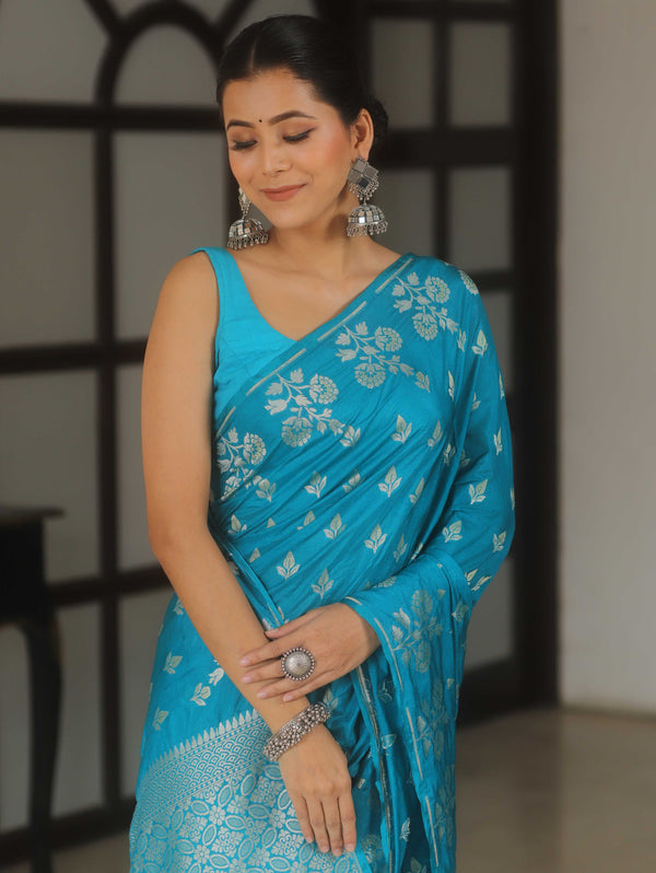 Banarasee Handwoven Semi Katan Saree With Zari Buta Design-Teal Blue