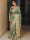 Banarasee Handwoven Plain Tissue Saree Zari Border With Lace-Blue