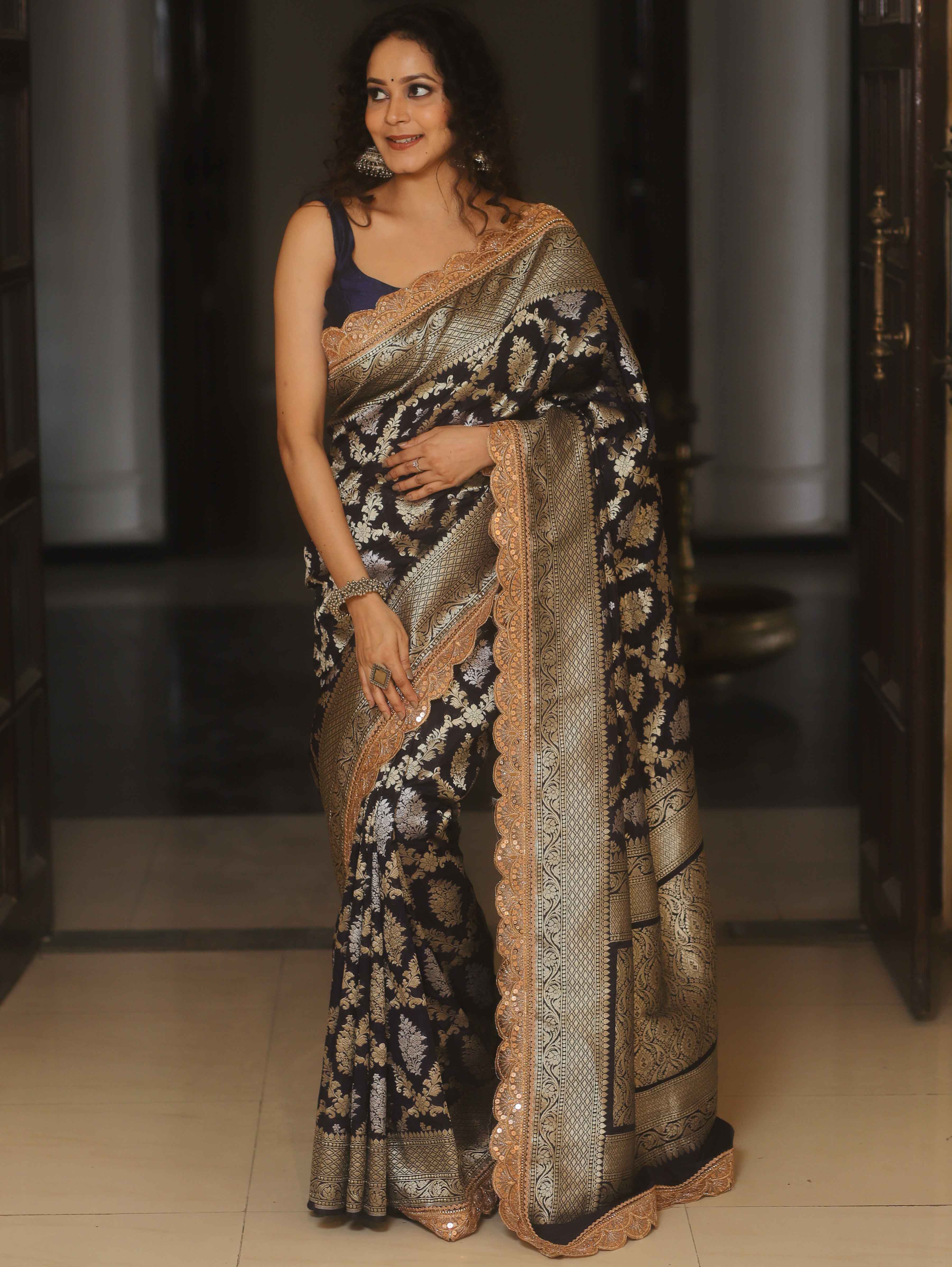 Banarasee Handwoven Georgette Saree Zari Jaal Design With Lace-Deep Blue