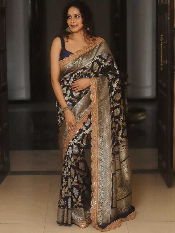 Banarasee Handwoven Georgette Saree Zari Jaal Design With Lace-Deep Blue