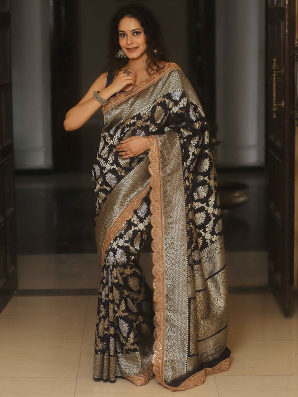 Banarasee Handwoven Georgette Saree Zari Jaal Design With Lace-Deep Blue