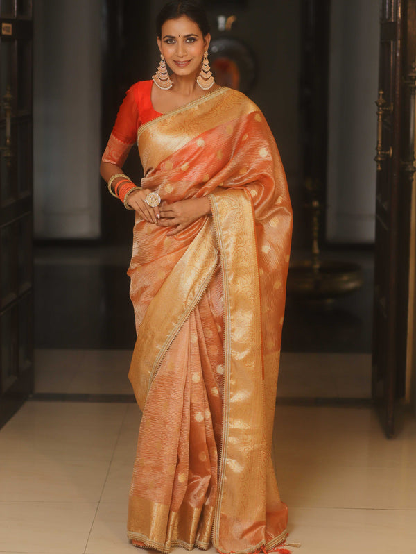 Banarasee Handwoven Crushed Tissue Saree Zari Border With Lace-Orange