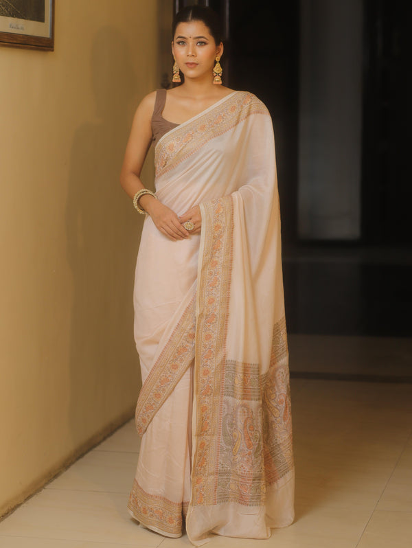 Banarasee Handloom Pure Butter Silk Saree With Resham Zari Border-Champagne